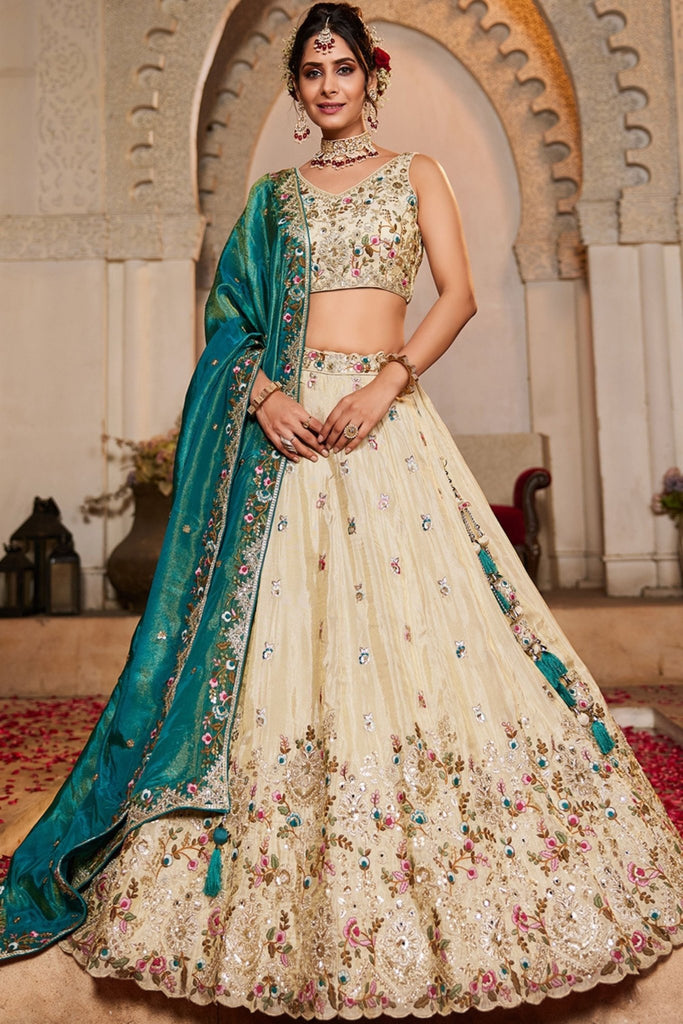 Ivory Embroidered Bridal Lehenga Choli with Sequin Work and Teal Dupatta - Mangaldeep NX