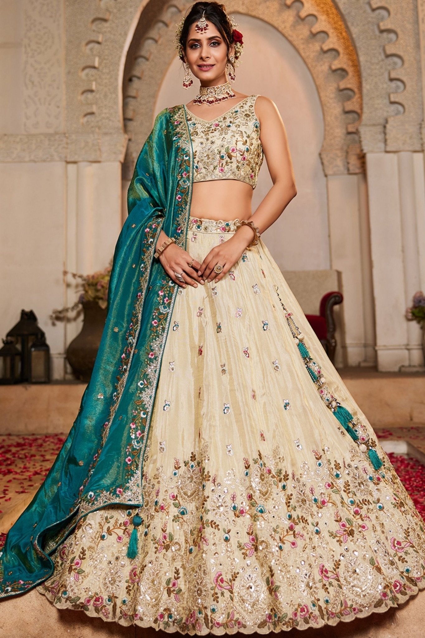Ivory Embroidered Bridal Lehenga Choli with Sequin Work and Teal Dupatta - Mangaldeep NX