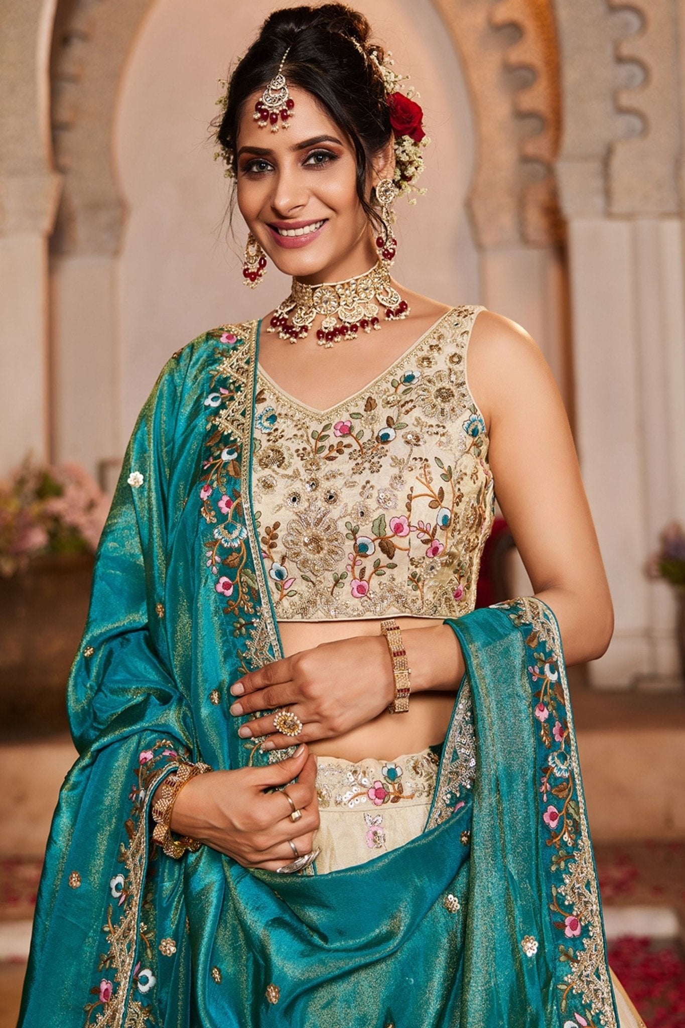 Ivory Embroidered Bridal Lehenga Choli with Sequin Work and Teal Dupatta - Mangaldeep NX