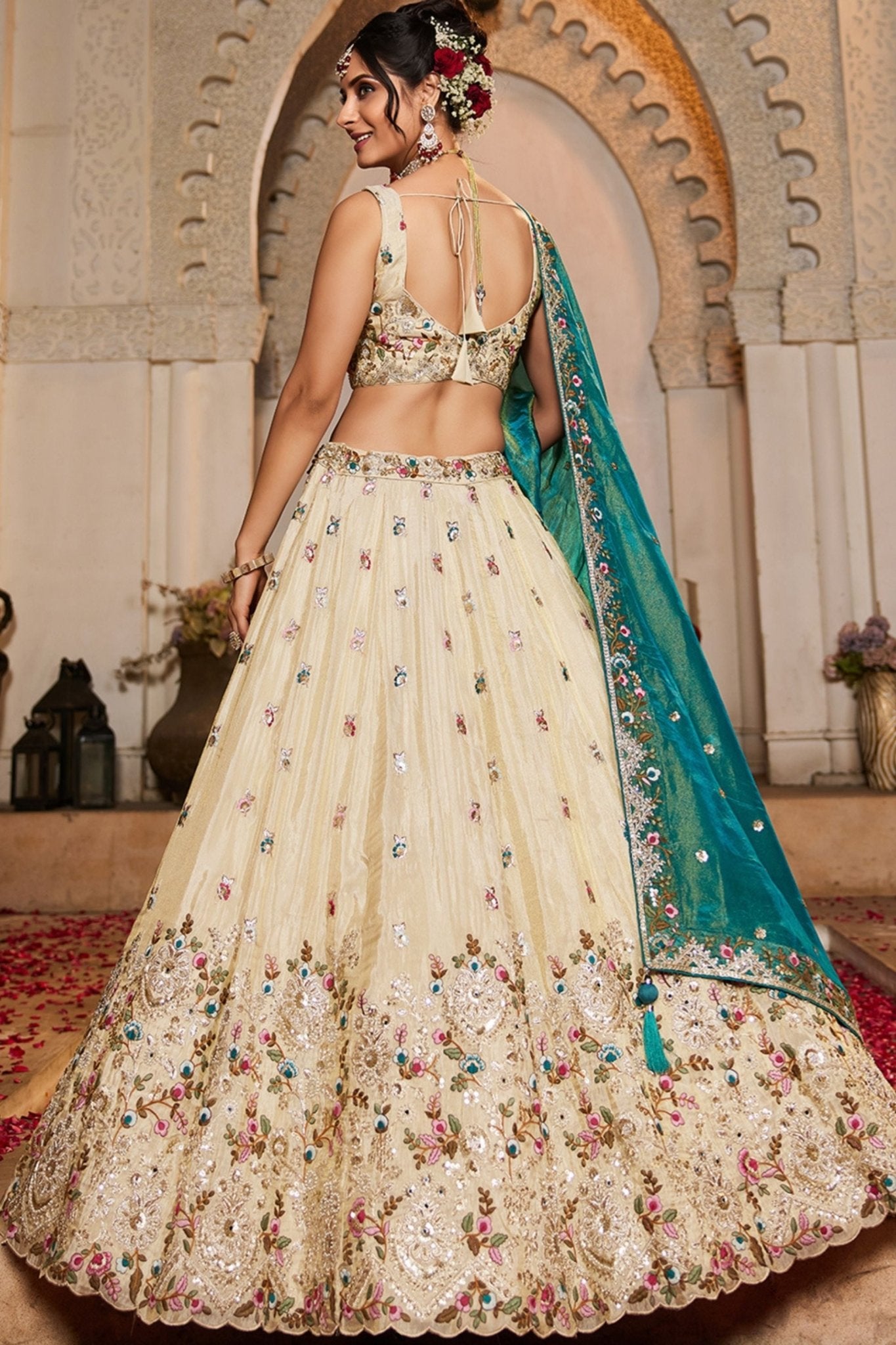 Ivory Embroidered Bridal Lehenga Choli with Sequin Work and Teal Dupatta - Mangaldeep NX