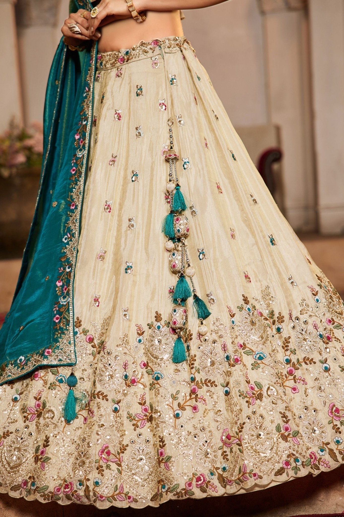 Ivory Embroidered Bridal Lehenga Choli with Sequin Work and Teal Dupatta - Mangaldeep NX