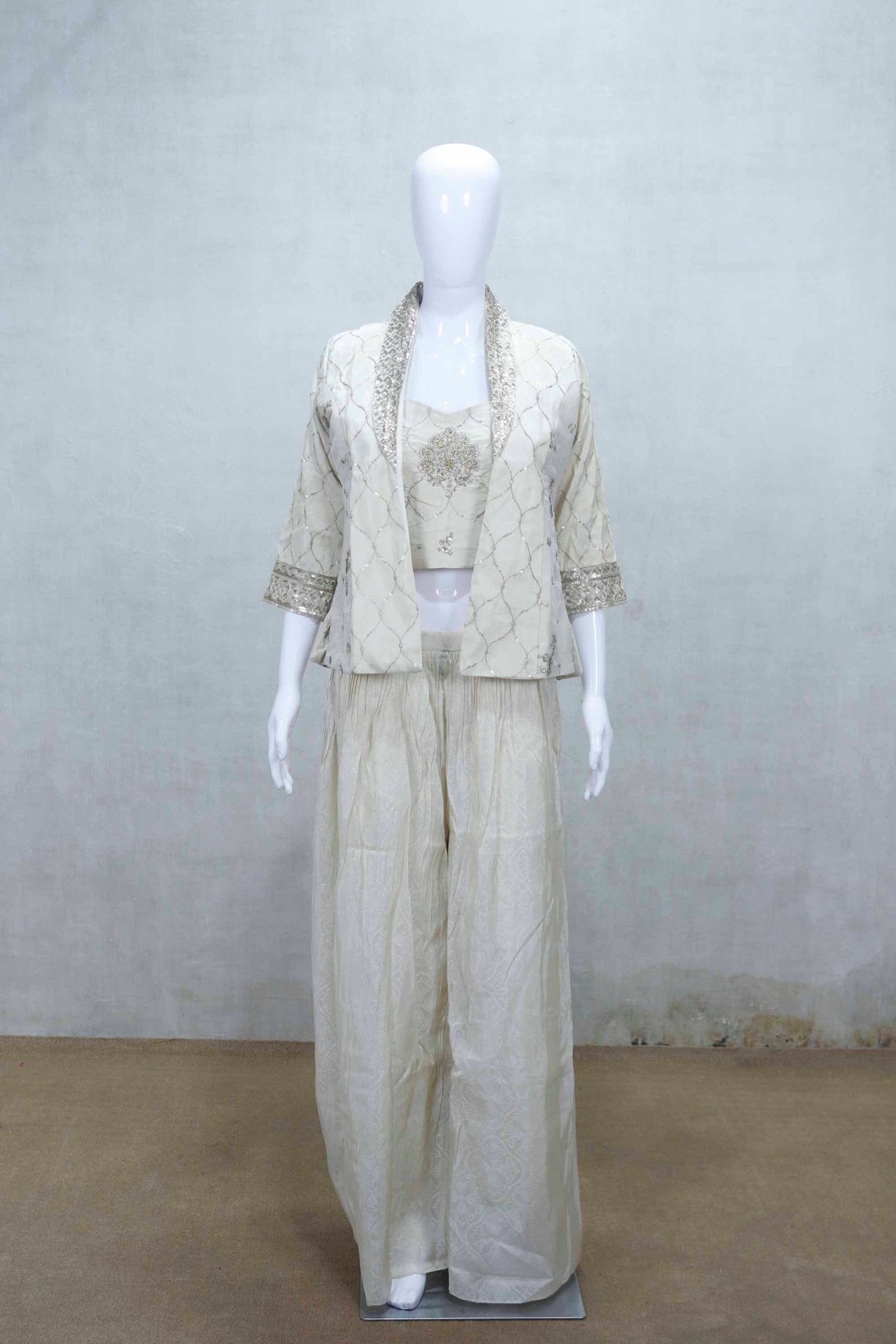 Ivory Embroidered Crop Top with Sequin Jacket and Palazzo Pants - Mangaldeep NX