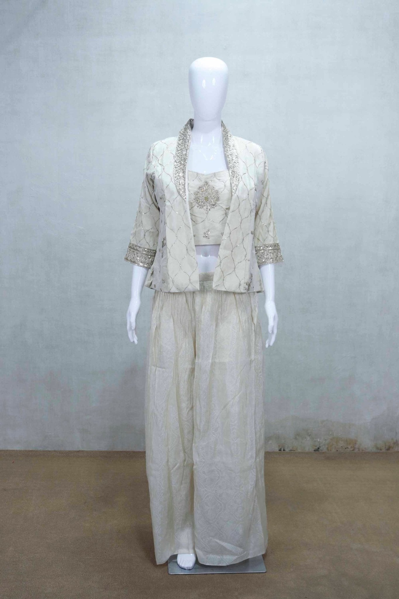 Ivory Embroidered Crop Top with Sequin Jacket and Palazzo Pants - Mangaldeep NX