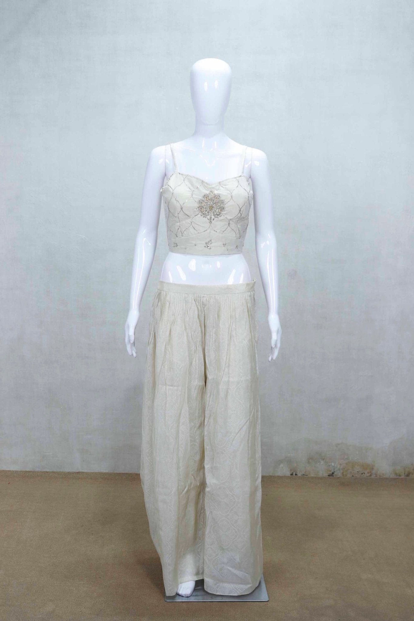 Ivory Embroidered Crop Top with Sequin Jacket and Palazzo Pants - Mangaldeep NX