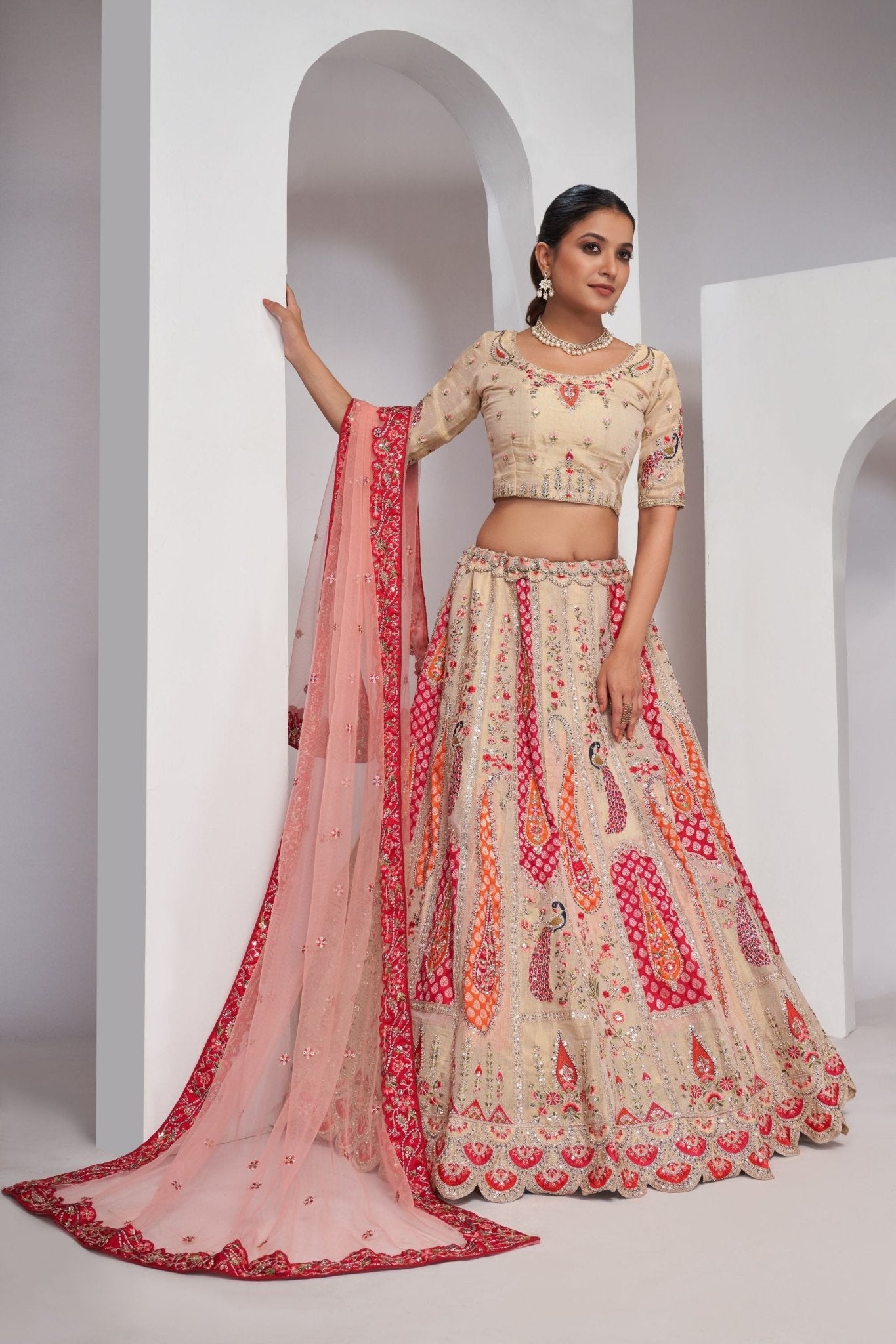 Ivory Embroidered Lehenga Choli with Multicolor Bandhani Patchwork and Sequins Dupatta - Mangaldeep NX