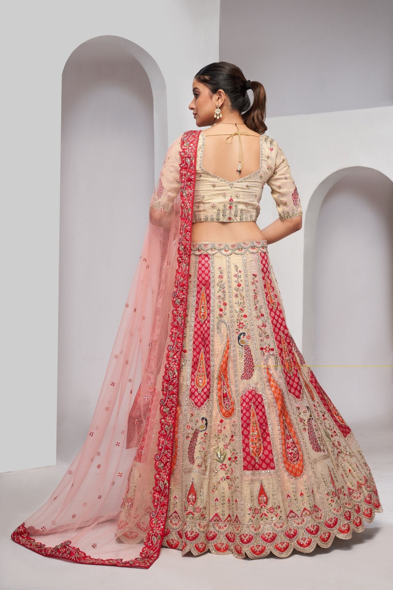Ivory Embroidered Lehenga Choli with Multicolor Bandhani Patchwork and Sequins Dupatta - Mangaldeep NX