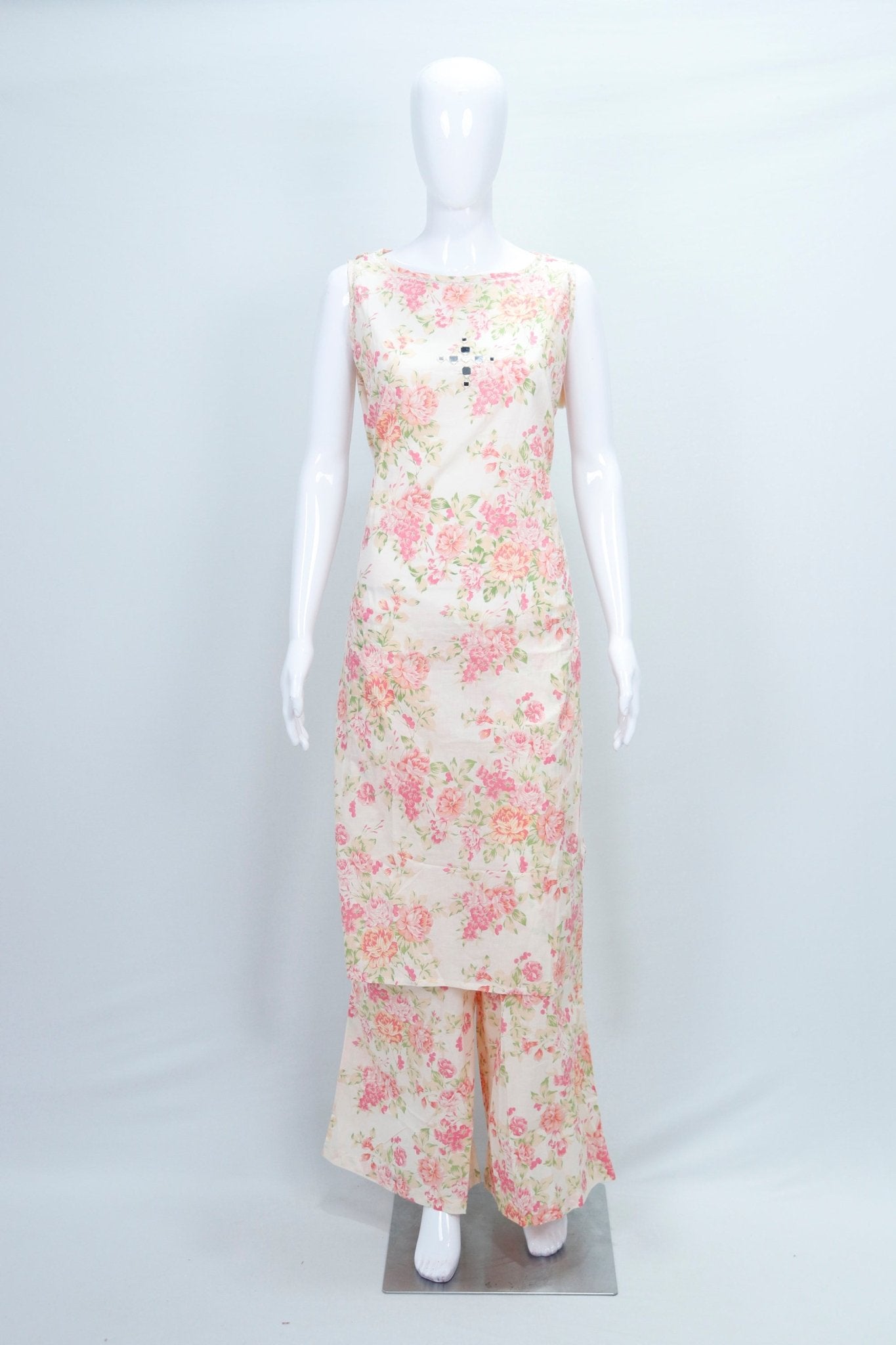 Ivory Floral Printed Sleeveless Palazzo Suit - Mangaldeep NX