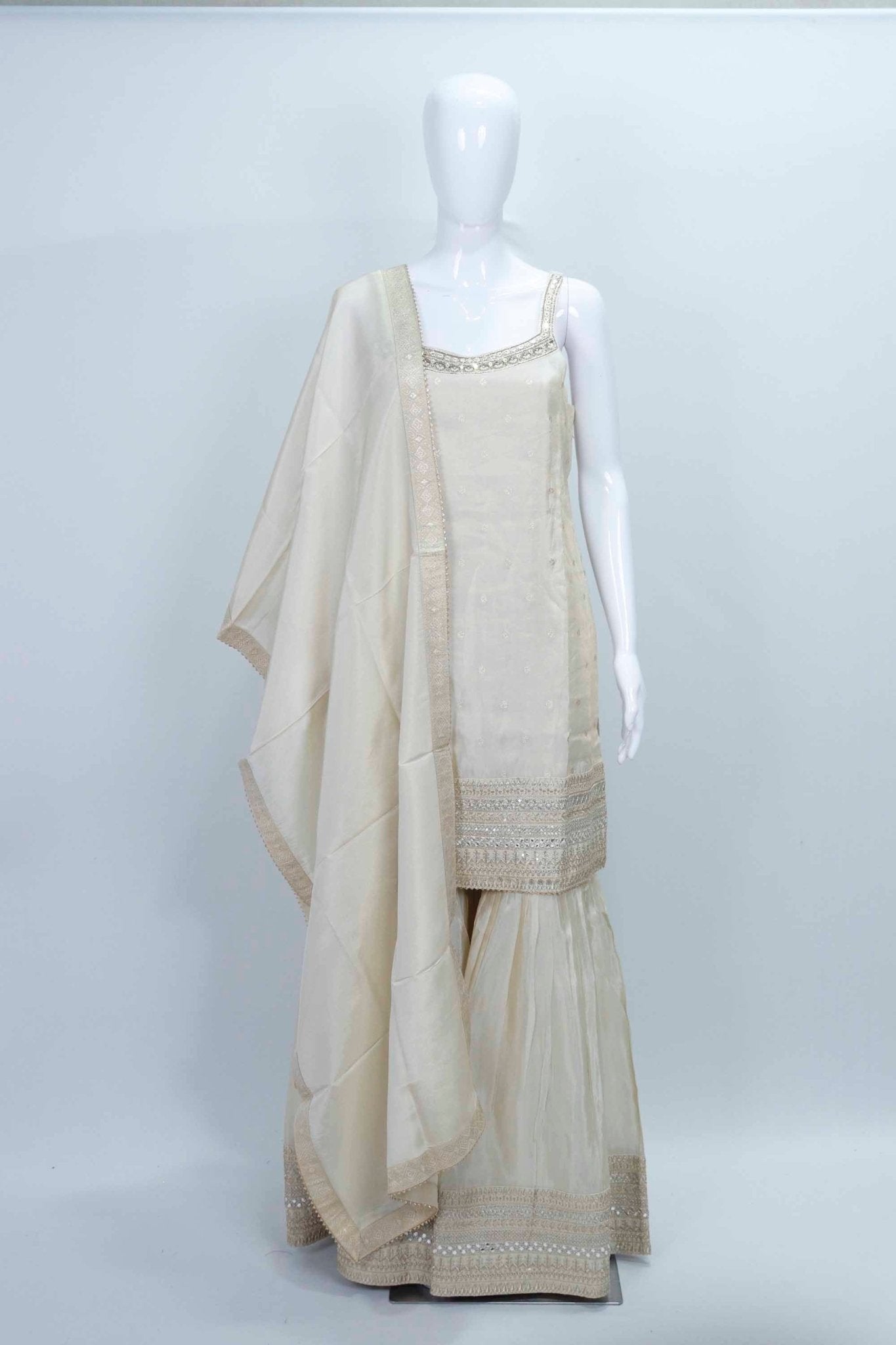 Ivory Mirror Work Sharara Set with Dupatta for Festive Wear - Mangaldeep NX