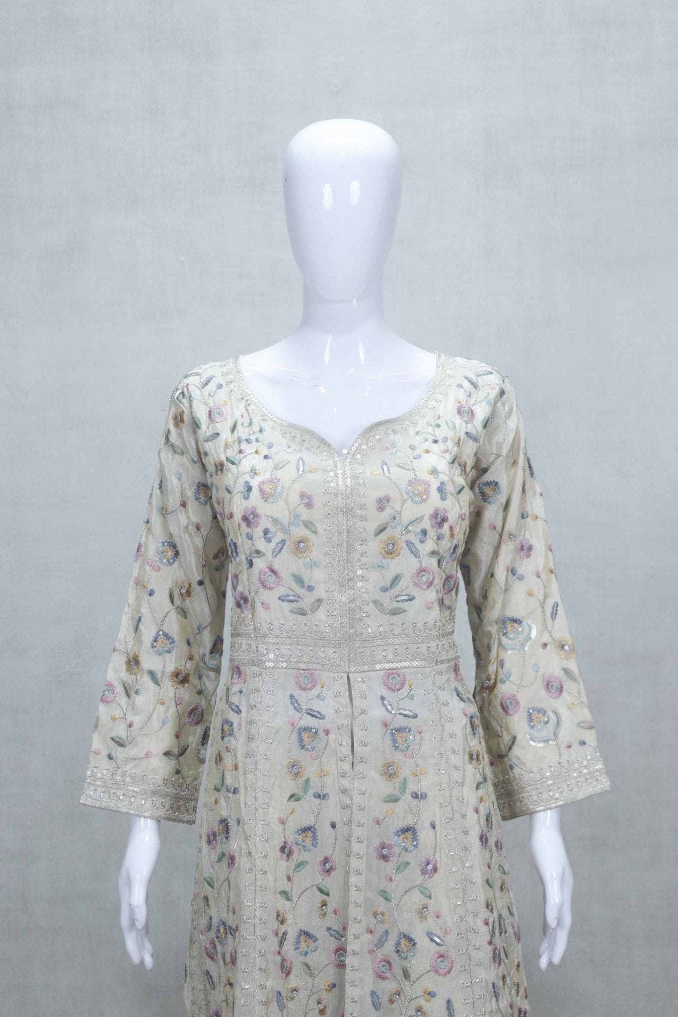 Ivory Multicolor Thread Embroidered Anarkali Kurta Set with Matching Dupatta - Mangaldeep NX