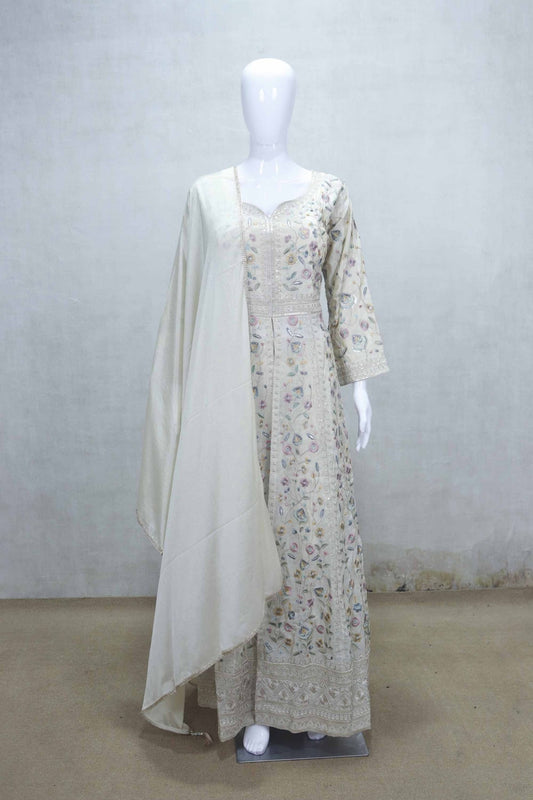 Ivory Multicolor Thread Embroidered Anarkali Kurta Set with Matching Dupatta - Mangaldeep NX