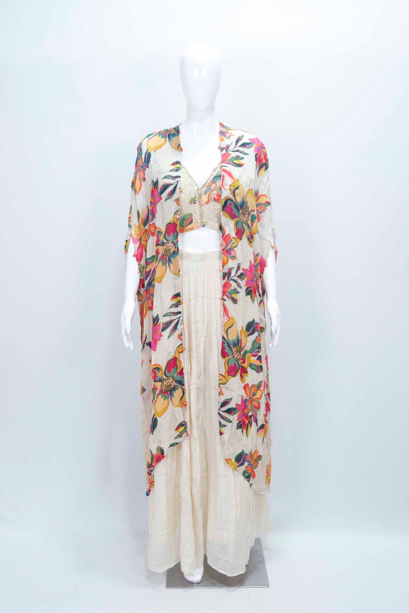 Ivory Printed Floral Shrug Set with Embellished Blouse and Flared Palazzo Pants - Mangaldeep NX