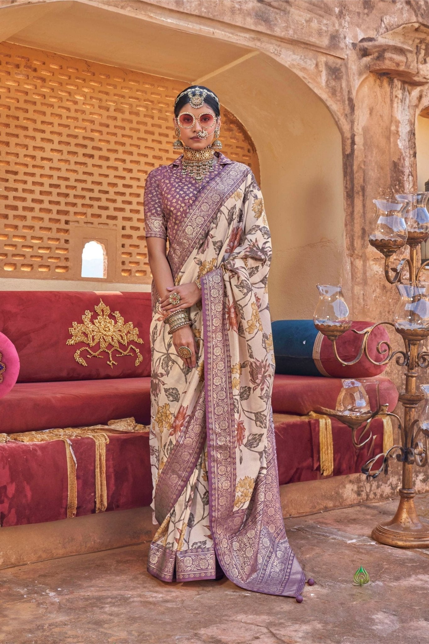 Ivory Silk Saree with Floral Print and Zari Border - Mangaldeep NX