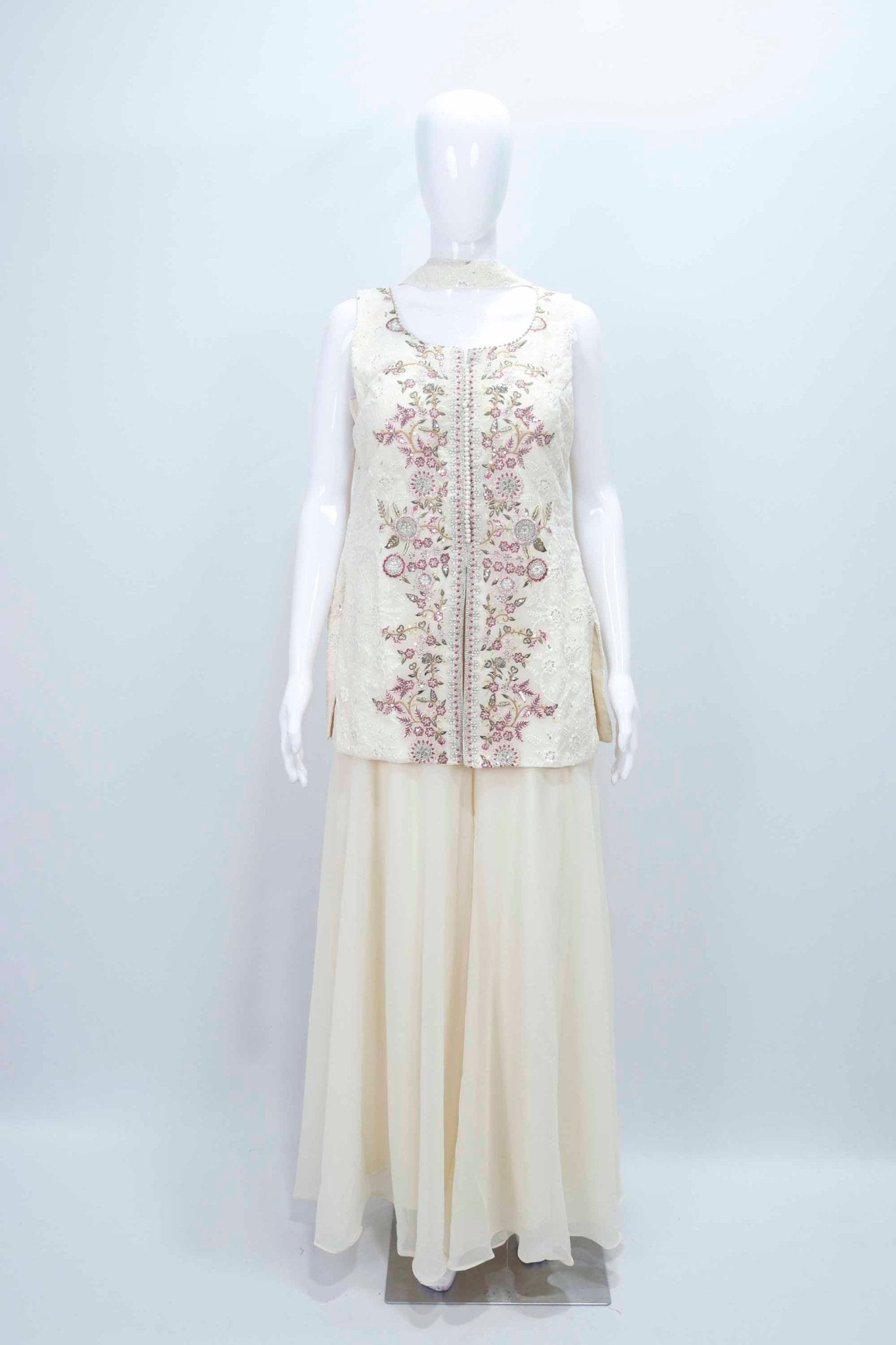 Ivory Sleeveless Embroidered Salwar Suit with Flared Palazzo Pants Set - Mangaldeep NX