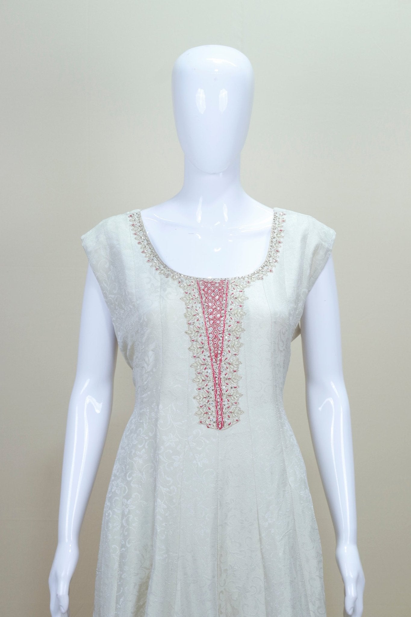 Ivory White Anarkali Suit with Thread Embroidery Contrast Pink Floral Dupatta - Mangaldeep NX