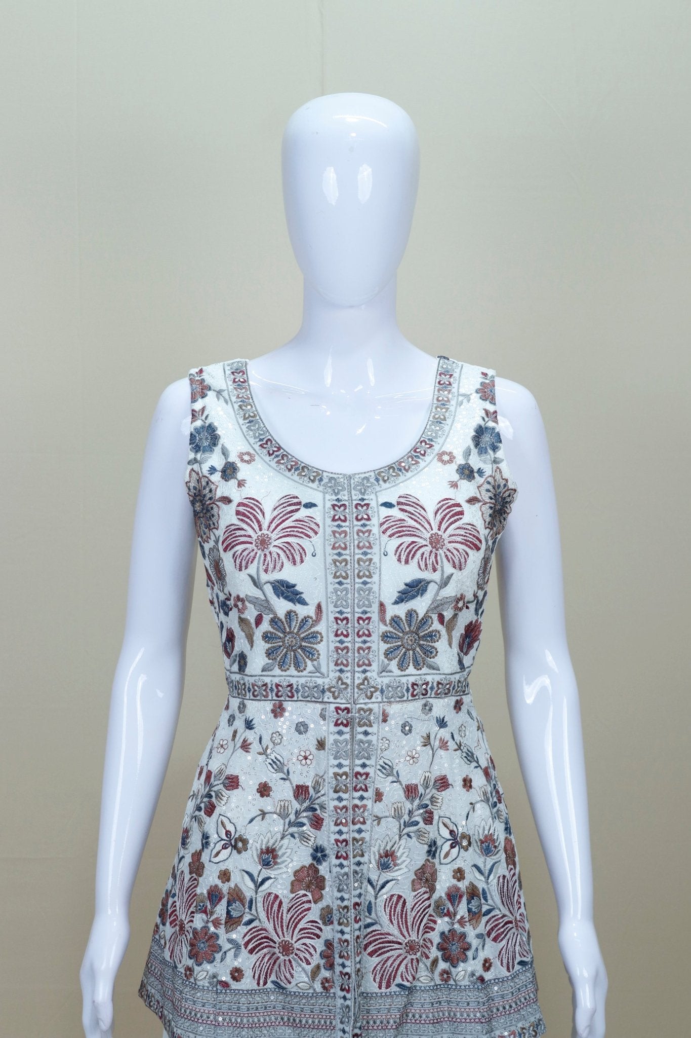Ivory White Floral Embroidered Anarkali Suit with Matching Dupatta - Mangaldeep NX