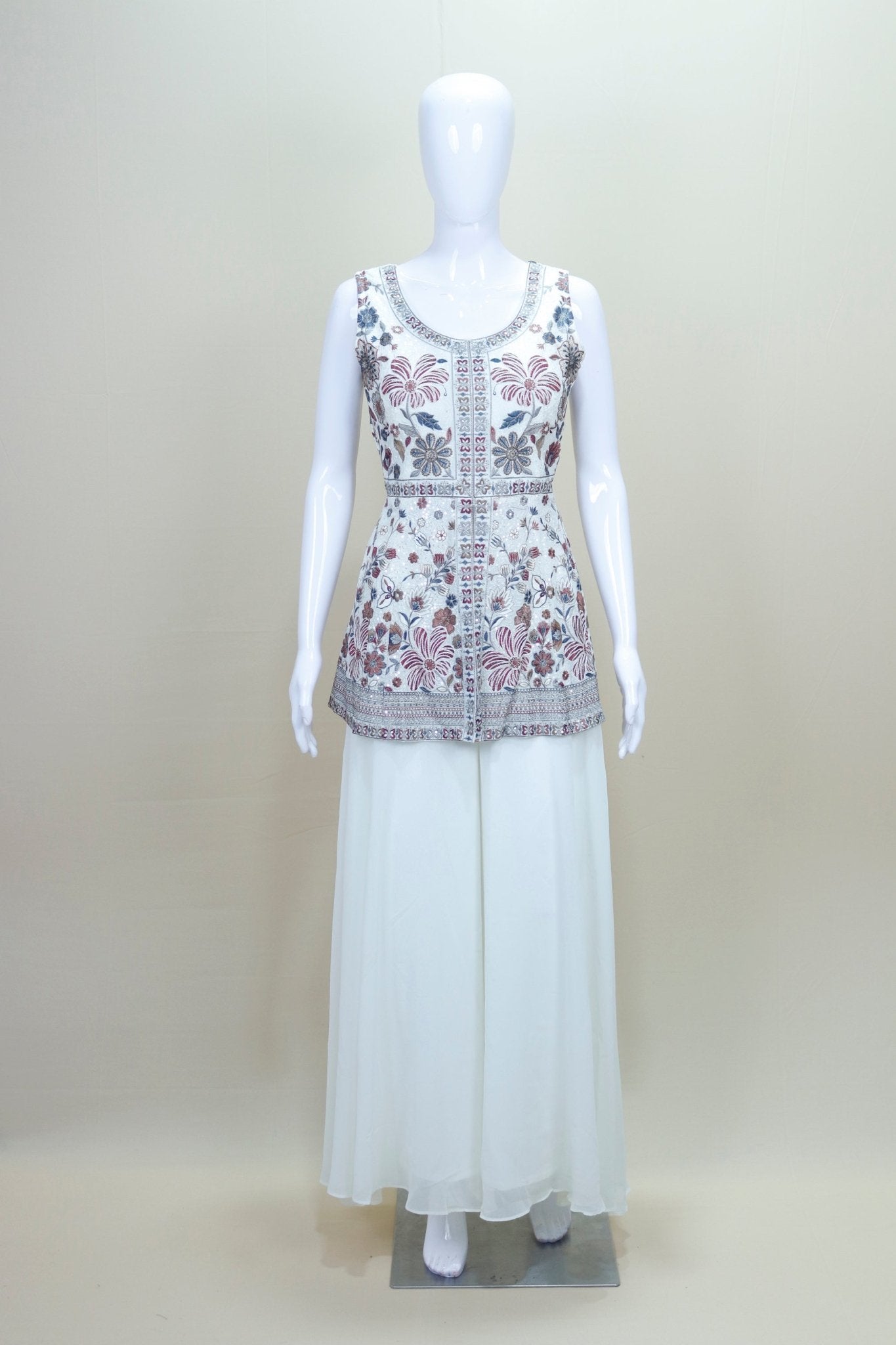 Ivory White Floral Embroidered Anarkali Suit with Matching Dupatta - Mangaldeep NX