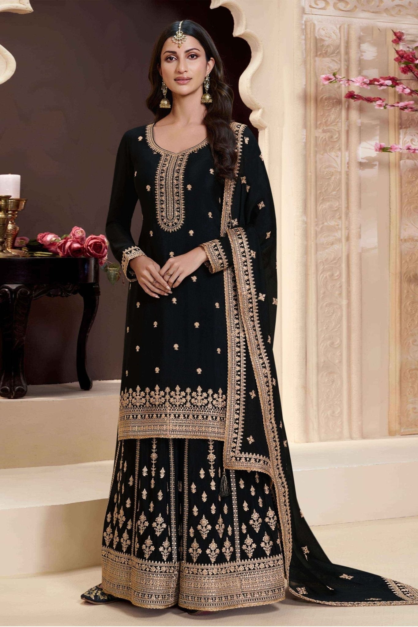 Latest Black Embroidered Sharara Suit for Women - Mangaldeep NX