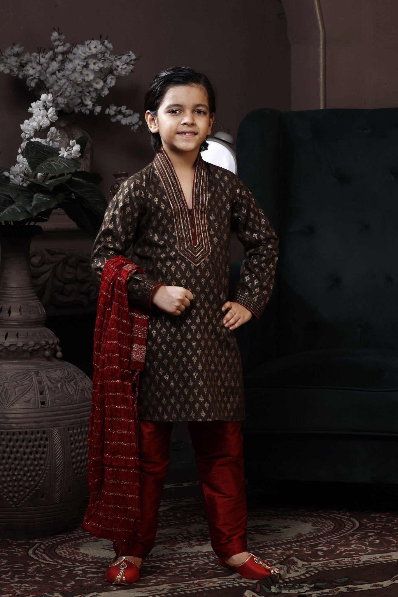 Latest Boys Brown Kurta Pyjama with Red Dupatta - Mangaldeep NX