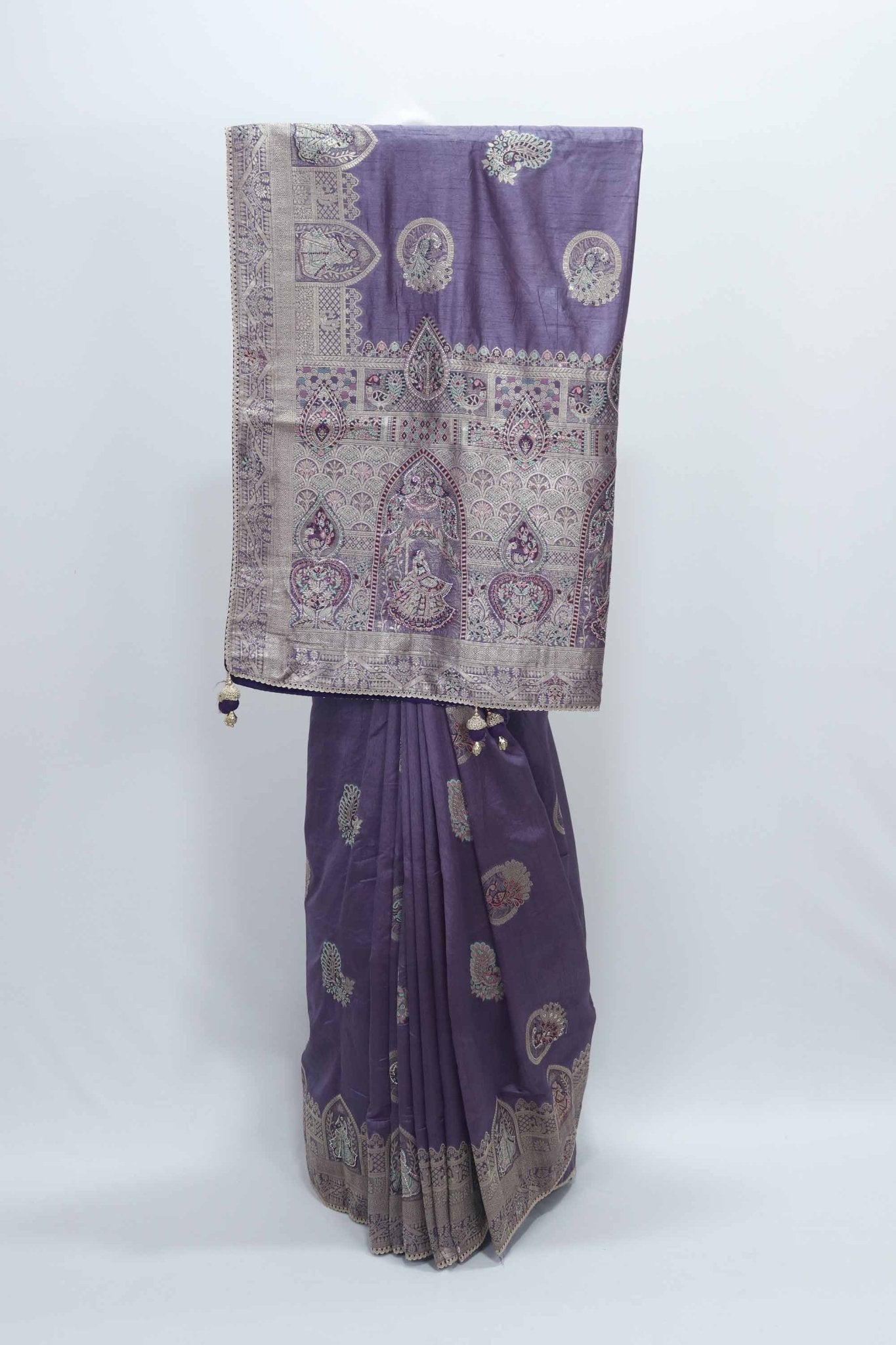 Lavender Banarasi Silk Saree with Silver Zari Embroidery and Temple Design Pallu - Mangaldeep NX