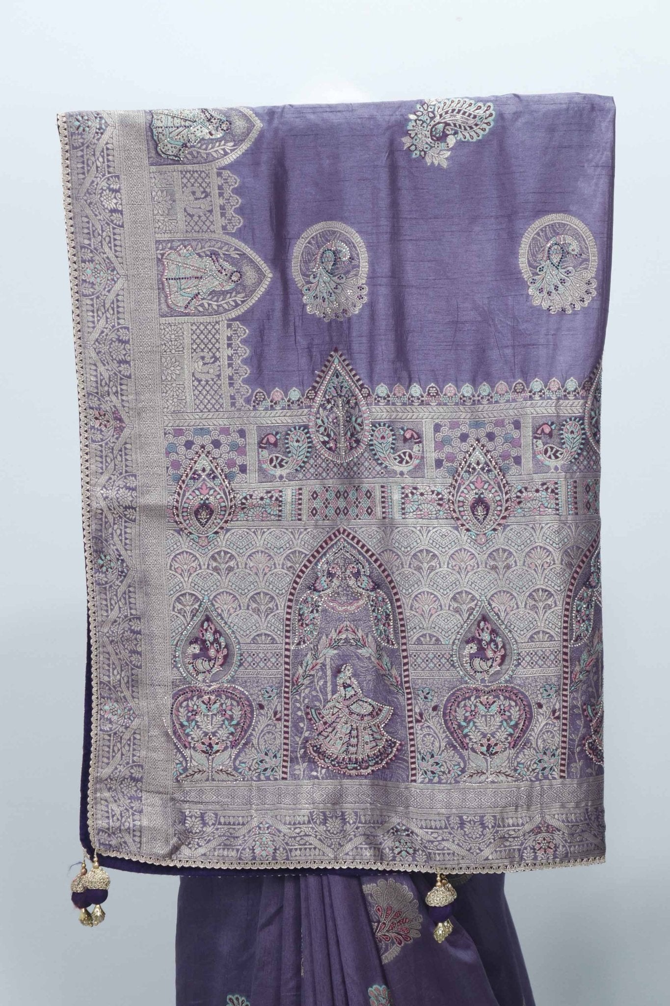 Lavender Banarasi Silk Saree with Silver Zari Embroidery and Temple Design Pallu - Mangaldeep NX