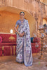Lavender Blue Silk Saree with Floral Print and Zari Border - Mangaldeep NX