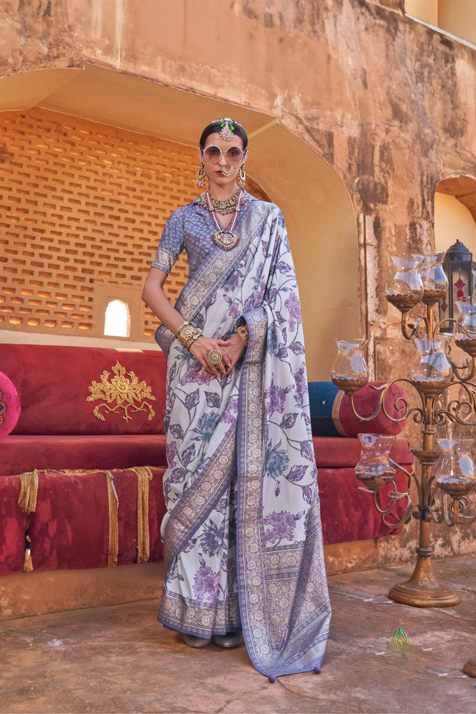 Lavender Blue Silk Saree with Floral Print and Zari Border - Mangaldeep NX