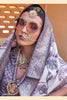 Lavender Blue Silk Saree with Floral Print and Zari Border - Mangaldeep NX