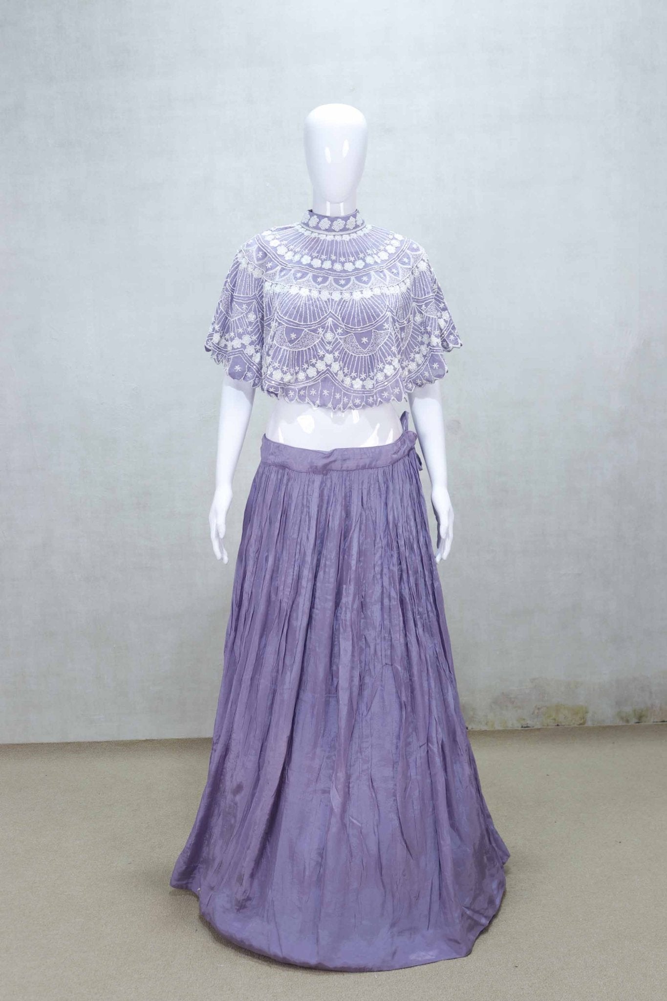 Lavender Cape Style Embroidered Lehenga Set with Net Dupatta - Mangaldeep NX