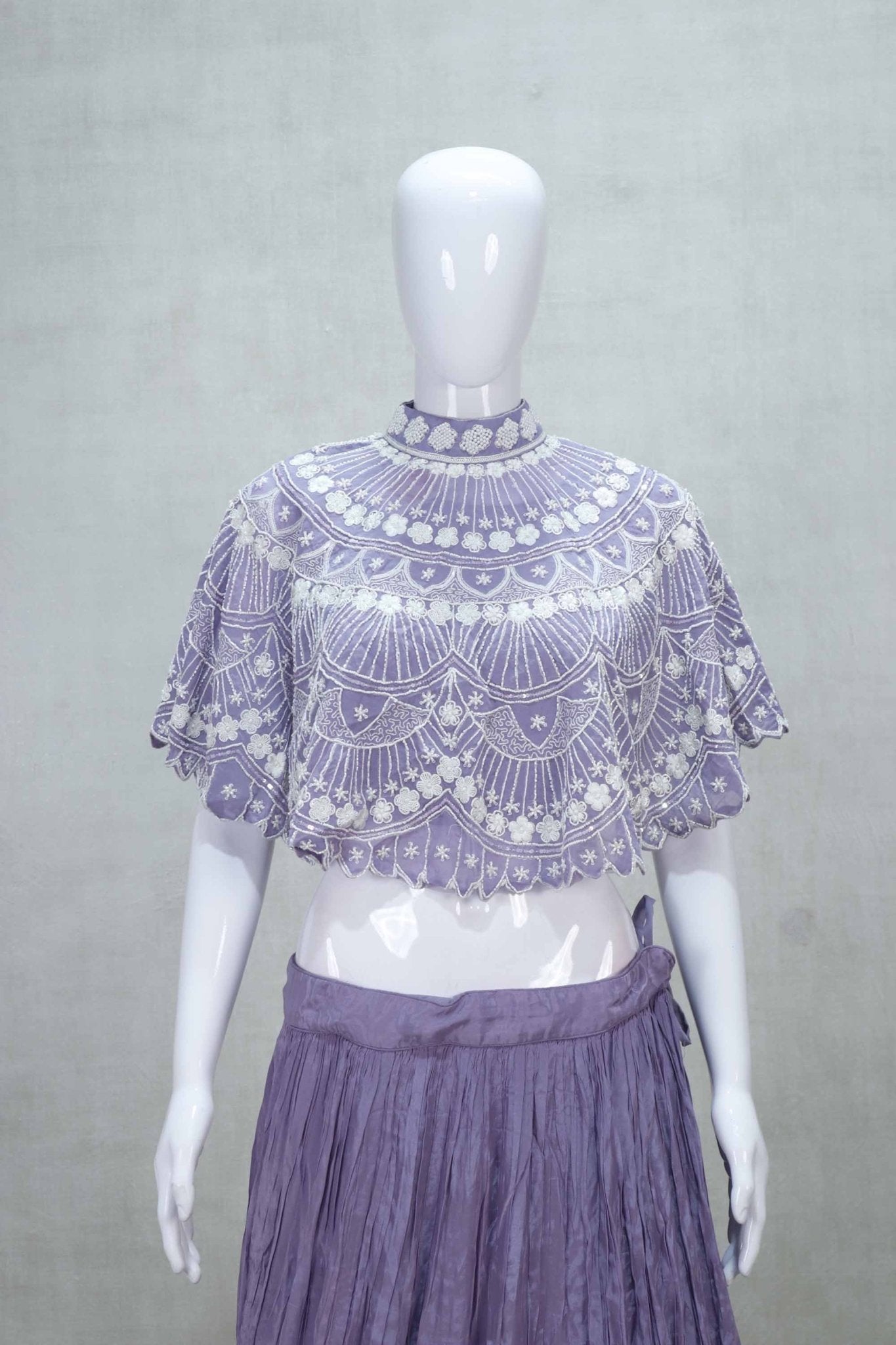 Lavender Cape Style Embroidered Lehenga Set with Net Dupatta - Mangaldeep NX