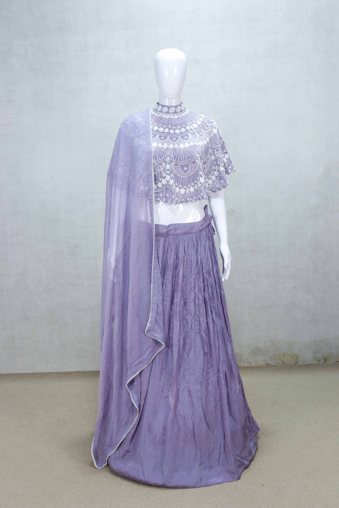 Lavender Cape Style Embroidered Lehenga Set with Net Dupatta - Mangaldeep NX