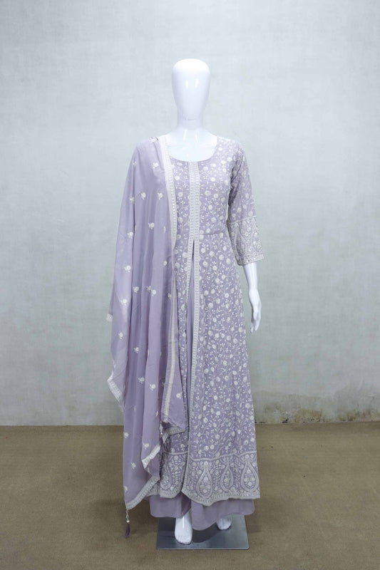 Lavender Embroidered Anarkali Kurta with Palazzo Pants and Dupatta Set - Mangaldeep NX