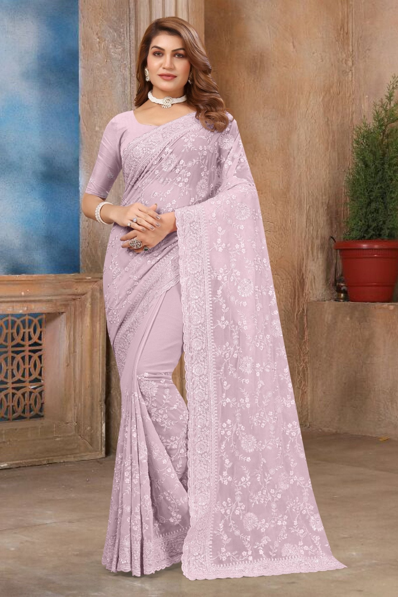 Lavender Embroidered Georgette Saree with All - Over Floral Thread Work and Matching Blouse Piece - Mangaldeep NX