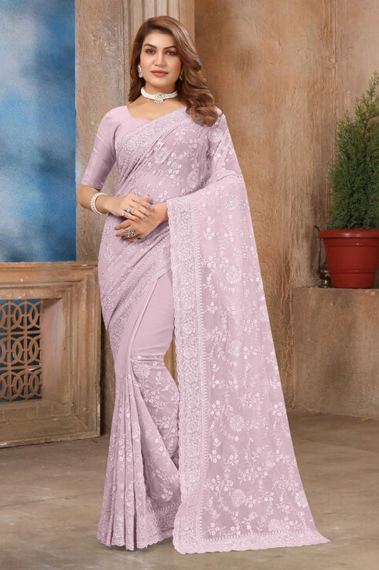 Lavender Embroidered Georgette Saree with All - Over Floral Thread Work and Matching Blouse Piece - Mangaldeep NX