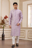 Lavender Embroidered Kurta with White Churidar Pants for Men - Mangaldeep NX