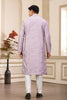 Lavender Embroidered Kurta with White Churidar Pants for Men - Mangaldeep NX