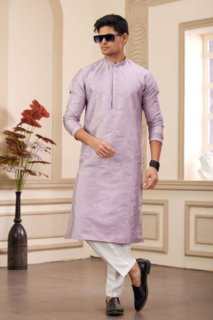 Lavender Embroidered Kurta with White Churidar Pants for Men - Mangaldeep NX