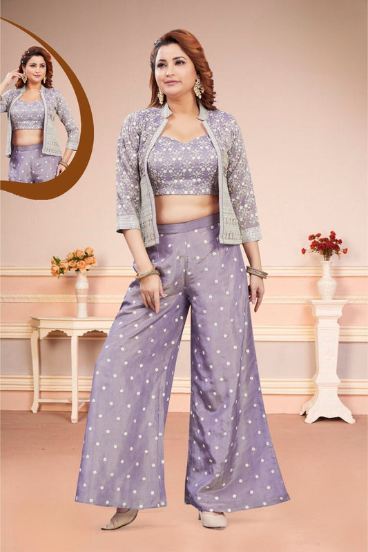 Lavender Embroidered Palazzo Set With Jacket - Mangaldeep NX