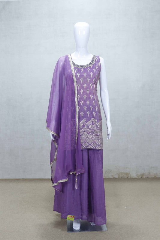 Lavender Embroidered Readymade Sharara Set with Net Dupatta - Mangaldeep NX