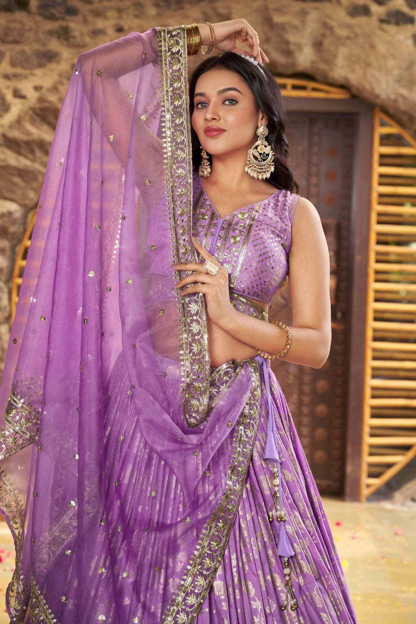 Lavender Embroidered Silk Lehenga Choli with Foil Work and Net Dupatta - Mangaldeep NX