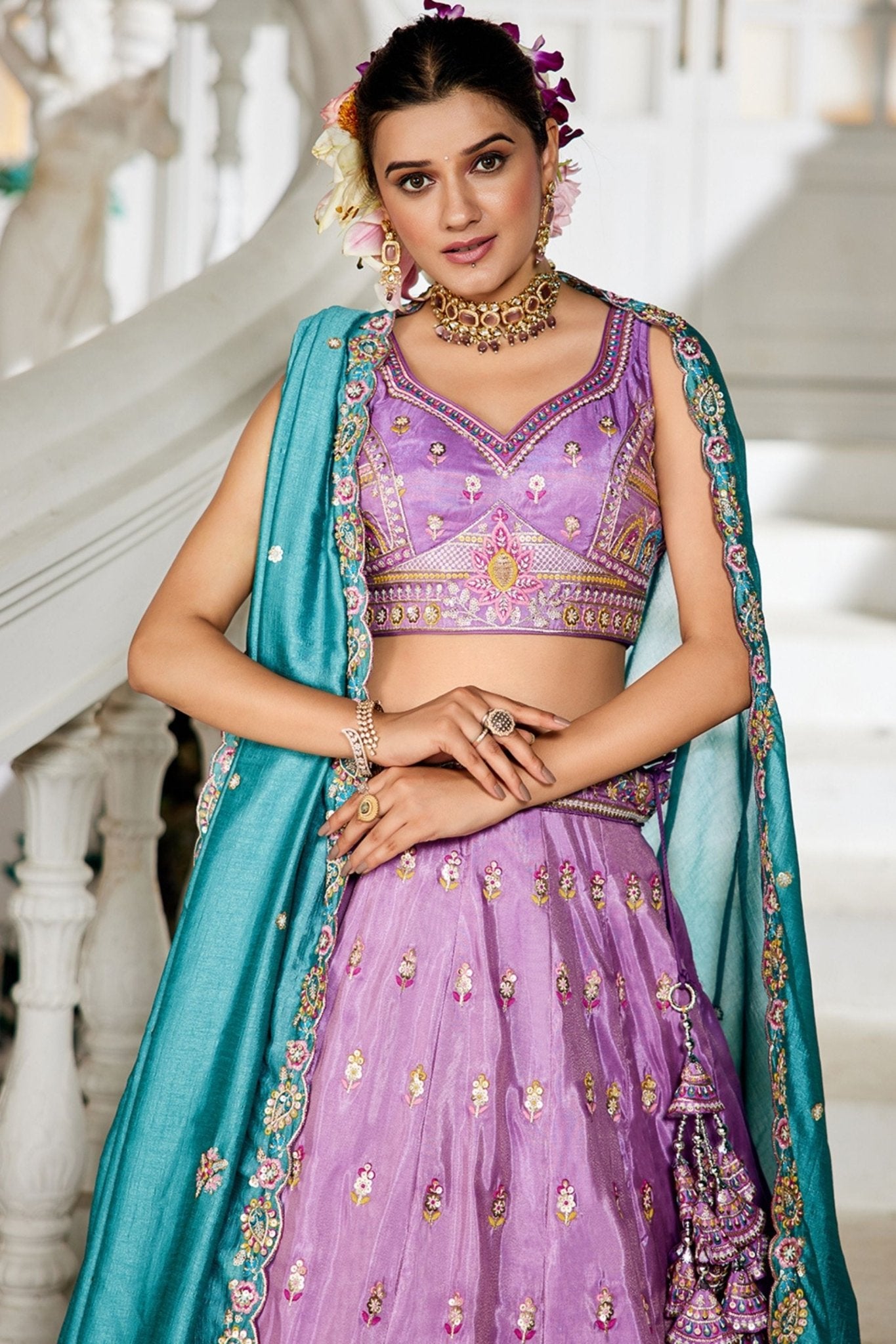 Lavender Embroidered Silk Lehenga Choli with Multicolor Thread Work and Teal Dupatta - Mangaldeep NX