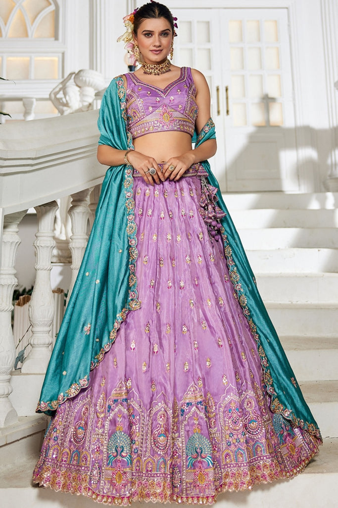 Lavender Embroidered Silk Lehenga Choli with Multicolor Thread Work and Teal Dupatta - Mangaldeep NX