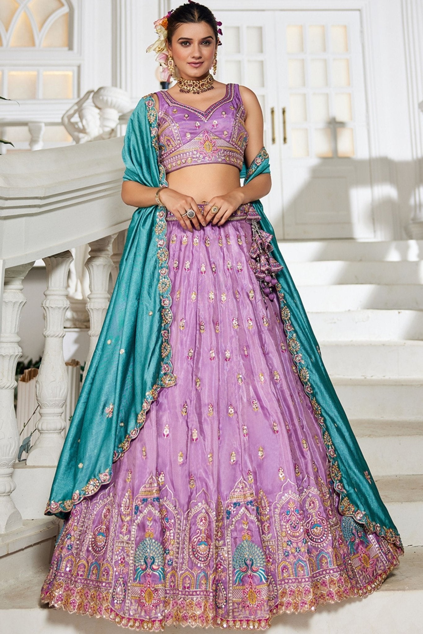 Lavender Embroidered Silk Lehenga Choli with Multicolor Thread Work and Teal Dupatta - Mangaldeep NX