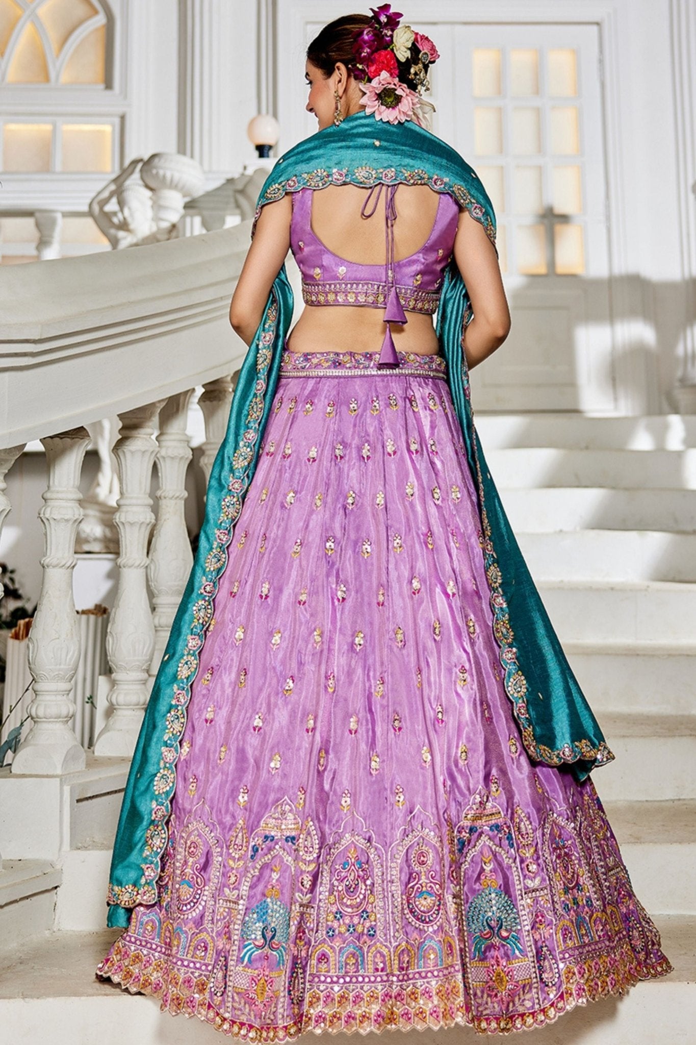 Lavender Embroidered Silk Lehenga Choli with Multicolor Thread Work and Teal Dupatta - Mangaldeep NX