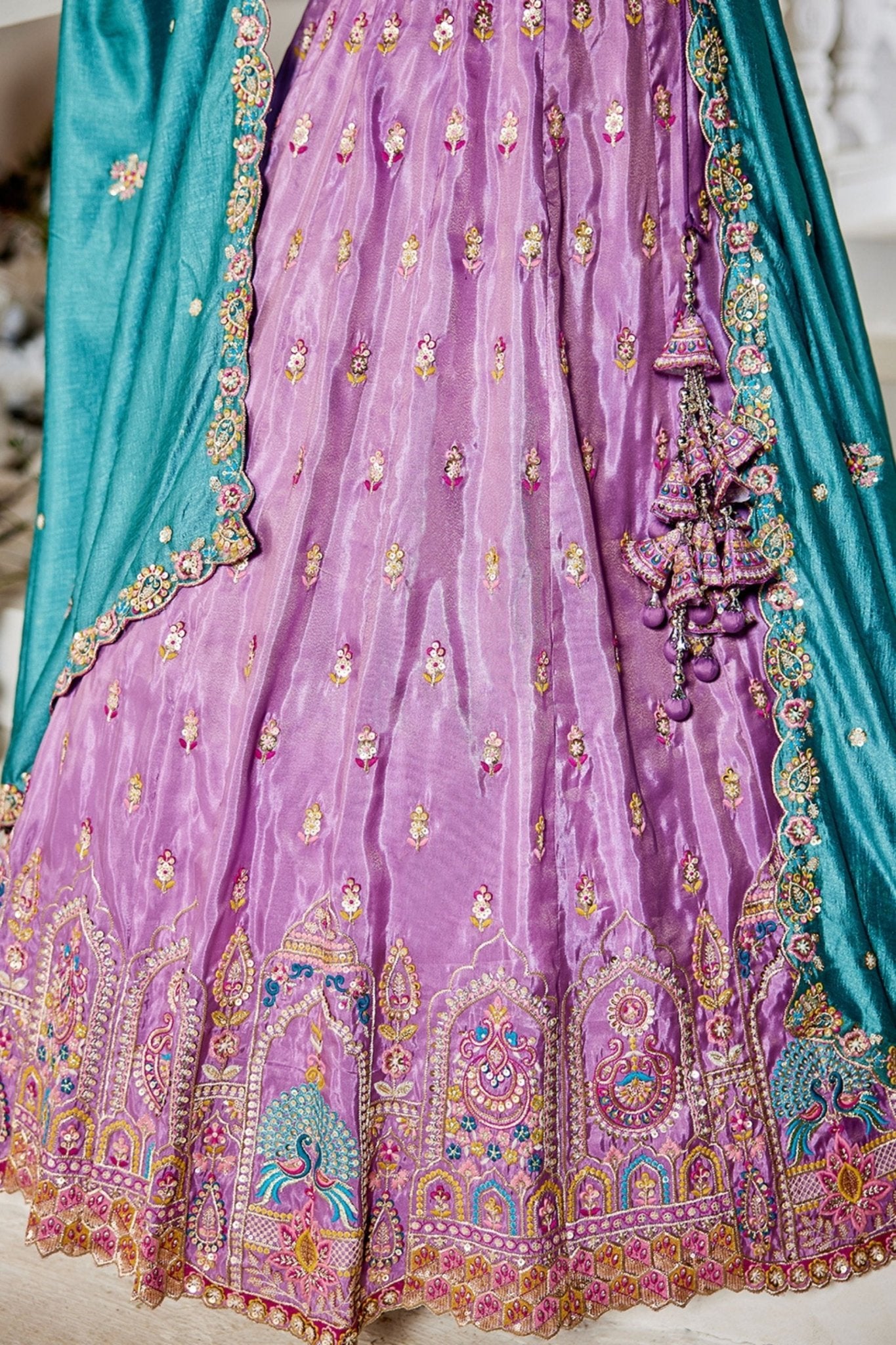 Lavender Embroidered Silk Lehenga Choli with Multicolor Thread Work and Teal Dupatta - Mangaldeep NX
