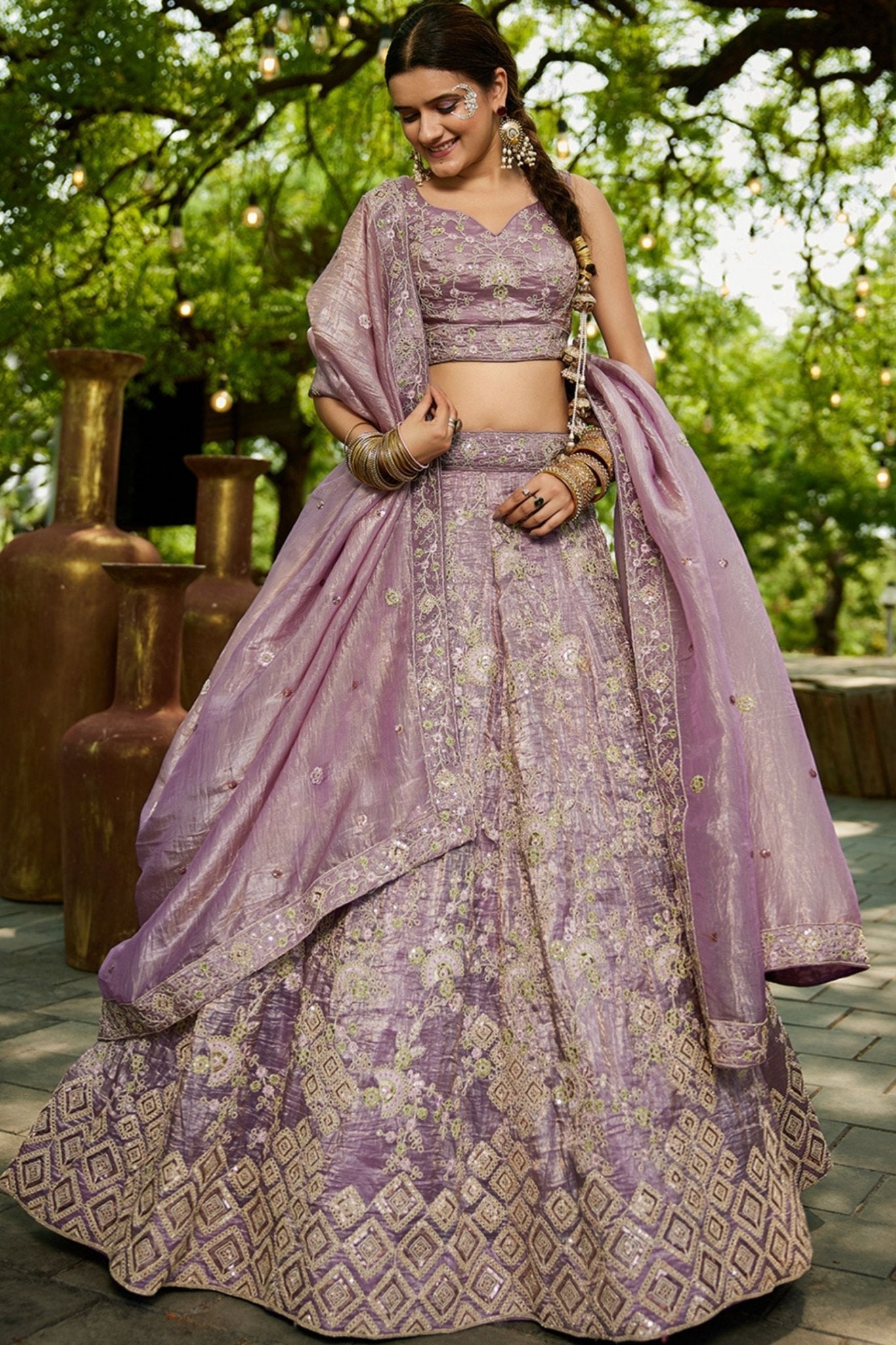 Lavender Embroidered Silk Lehenga Choli with Sequin and Mirror Work Dupatta - Mangaldeep NX