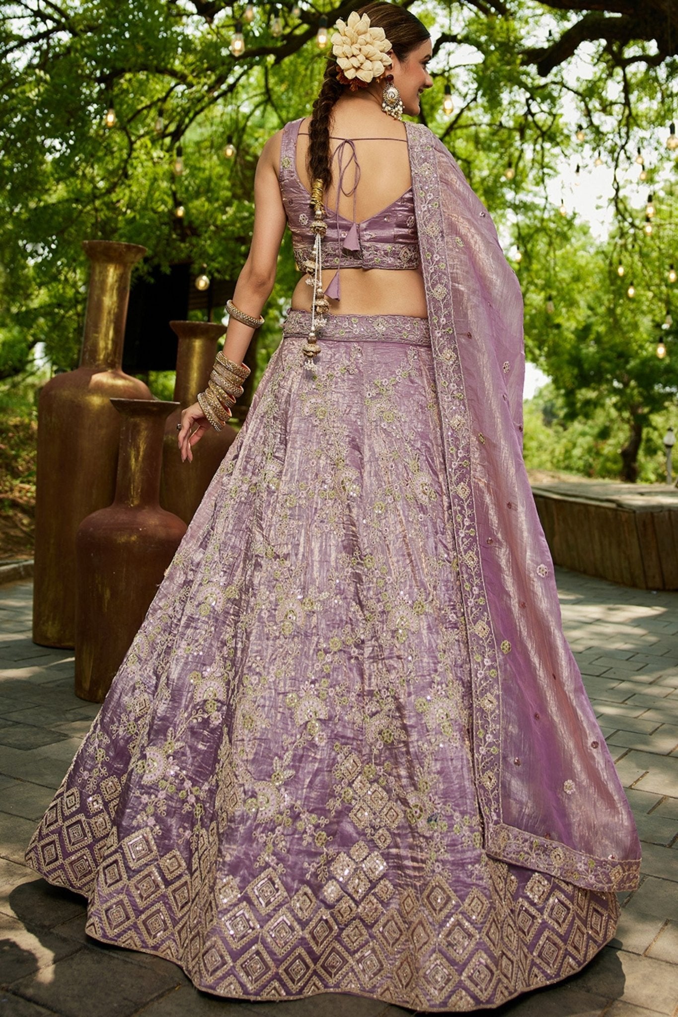 Lavender Embroidered Silk Lehenga Choli with Sequin and Mirror Work Dupatta - Mangaldeep NX