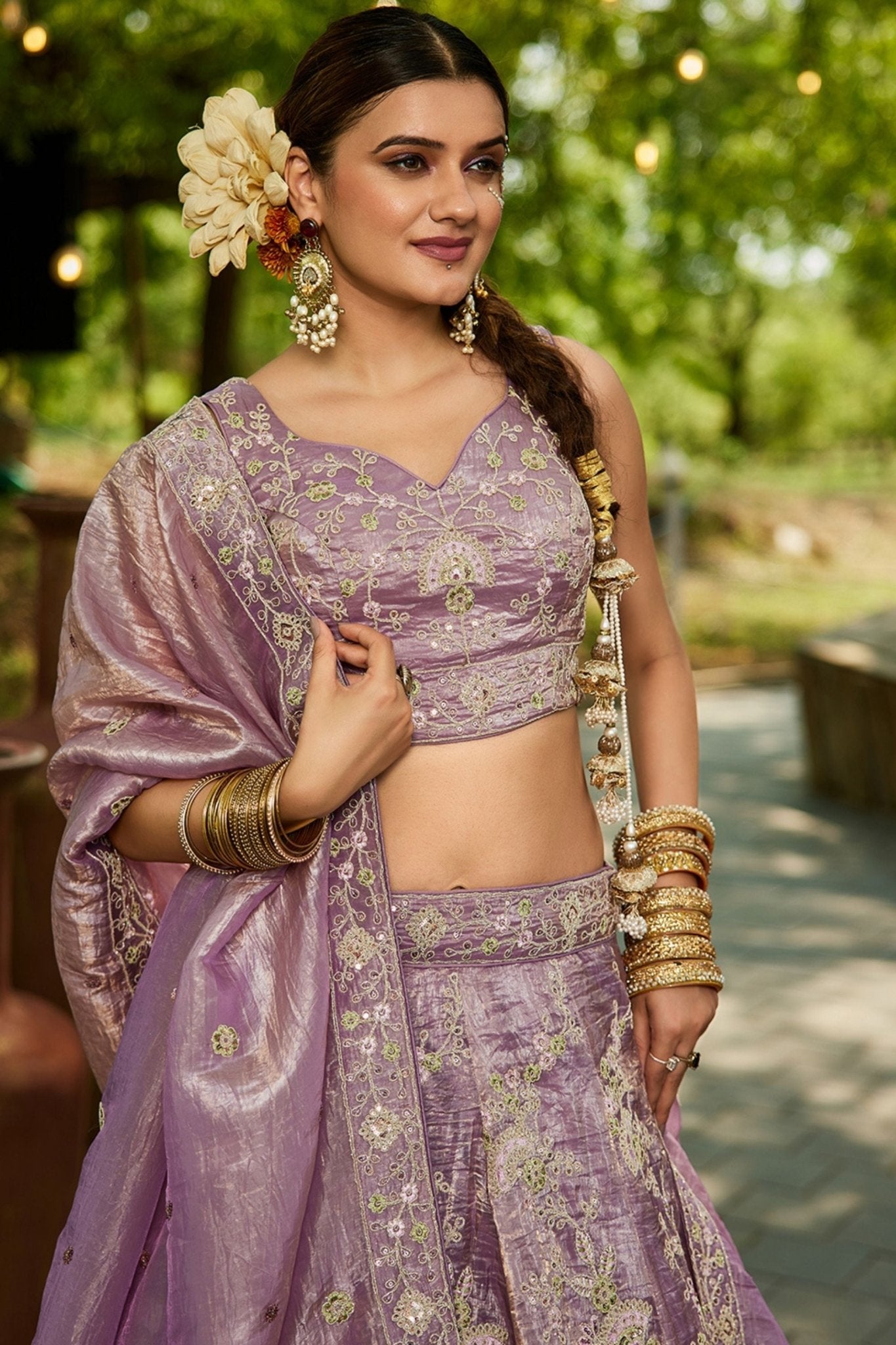 Lavender Embroidered Silk Lehenga Choli with Sequin and Mirror Work Dupatta - Mangaldeep NX