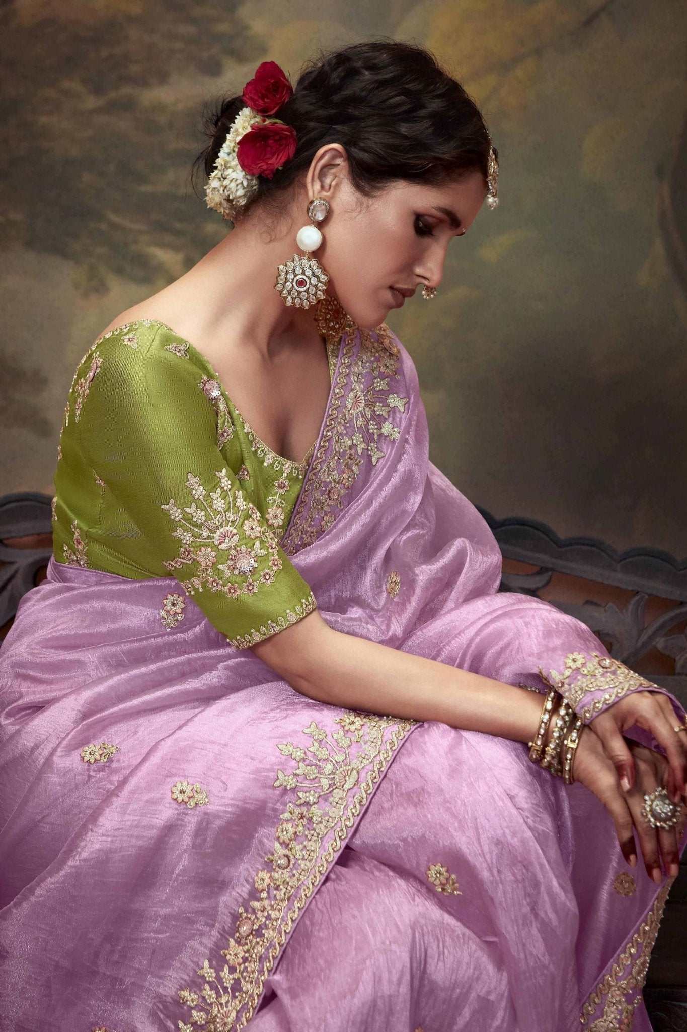 Lavender Embroidered Silk Saree with Floral Sequin Border and Olive Green Blouse - Mangaldeep NX