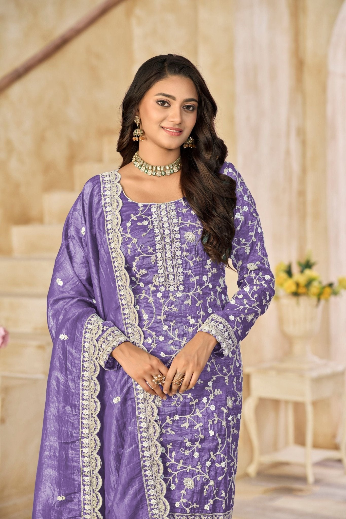 Lavender Embroidered Straight Salwar Suit with Matching Dupatta - Mangaldeep NX