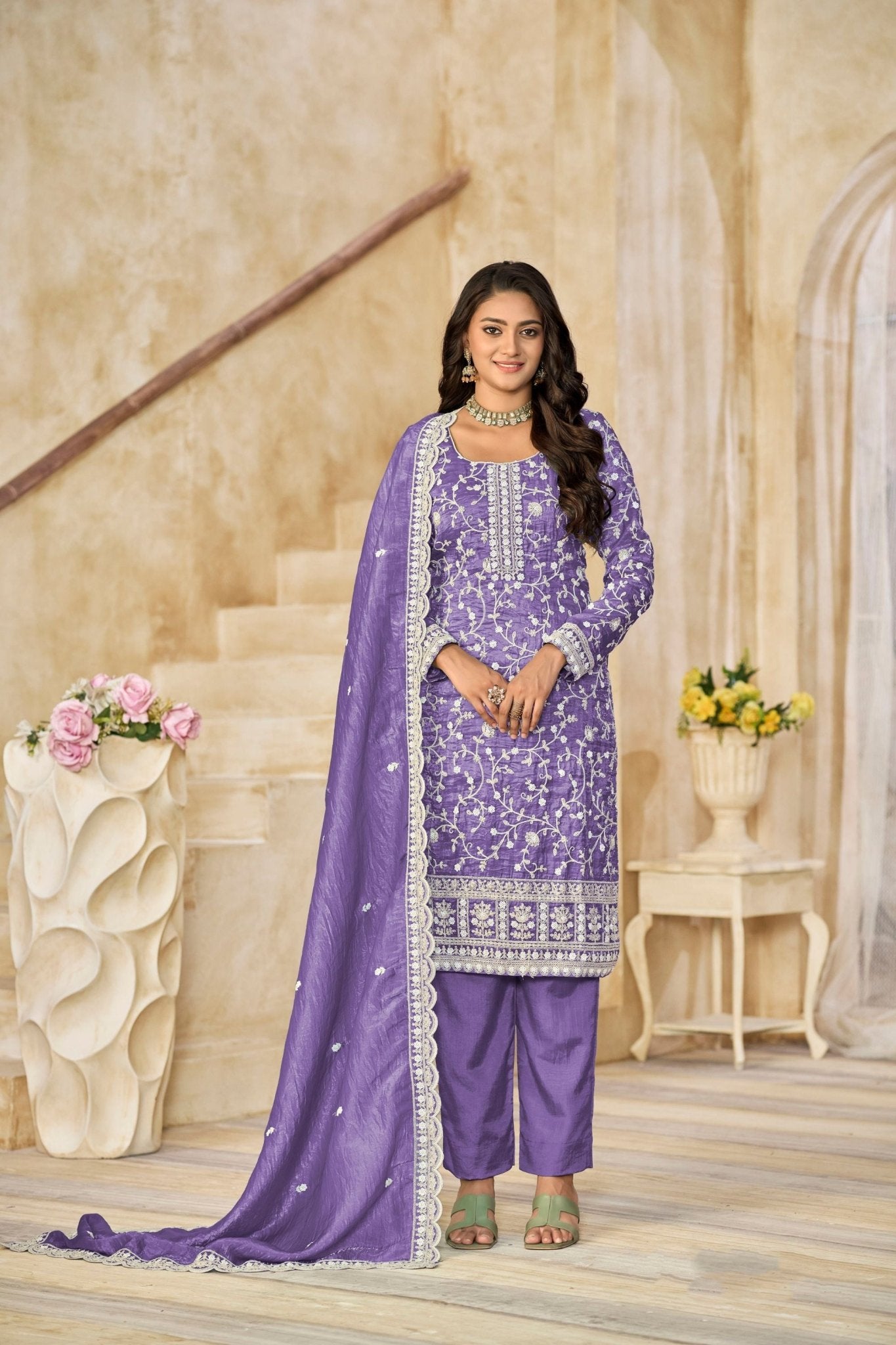 Lavender Embroidered Straight Salwar Suit with Matching Dupatta - Mangaldeep NX